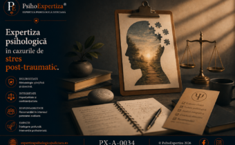 Imagine conceptuală despre expertiza psihologică în cazurile de stres post-traumatic, ilustrând procesul de evaluare clinică și medico-legală prin simboluri specifice psihologiei, fără reprezentarea directă a unei persoane traumatizate.