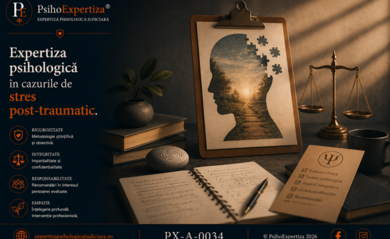 Imagine conceptuală despre expertiza psihologică în cazurile de stres post-traumatic, ilustrând procesul de evaluare clinică și medico-legală prin simboluri specifice psihologiei, fără reprezentarea directă a unei persoane traumatizate.