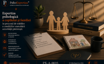 Imagine conceptuală despre expertiza psihologică a copilului și familiei în litigiile privind autoritatea părintească, ilustrând simbolic evaluarea relațiilor familiale și procesul decizional judiciar prin elemente specifice psihologiei și justiției, fără reprezentarea directă a unui copil.