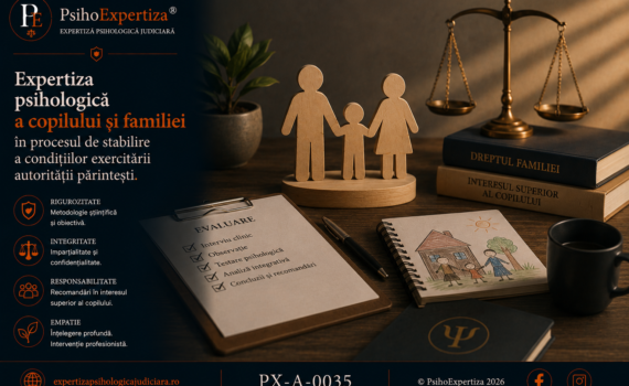 Imagine conceptuală despre expertiza psihologică a copilului și familiei în litigiile privind autoritatea părintească, ilustrând simbolic evaluarea relațiilor familiale și procesul decizional judiciar prin elemente specifice psihologiei și justiției, fără reprezentarea directă a unui copil.
