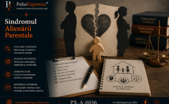 Imagine conceptuală despre Sindromul Alienării Parentale, ilustrând simbolic conflictul parental, impactul asupra relației copil–părinte și procesul de evaluare psihologică în context judiciar, fără reprezentarea directă a unui copil.