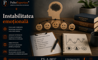 Imagine conceptuală despre instabilitatea emoțională, ilustrând variațiile intense ale stărilor afective și procesul de evaluare psihologică prin simboluri specifice psihologiei clinice și judiciare.
