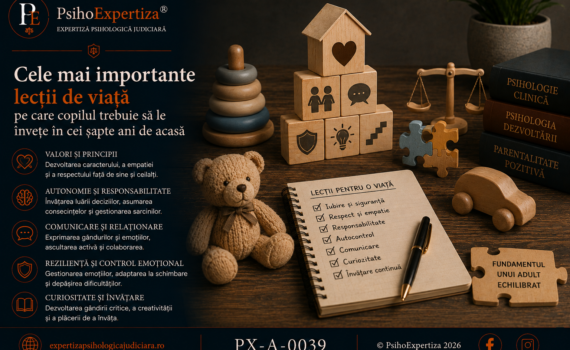 Imagine conceptuală despre educația timpurie și formarea caracterului copilului, ilustrând prin jucării și obiecte simbolice dezvoltarea valorilor, autonomiei, responsabilității și inteligenței emoționale, fără reprezentarea directă a unui copil.