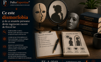 Imagine conceptuală despre dismorfobie (tulburarea dismorfică corporală), ilustrând preocuparea excesivă față de aspectul fizic, distorsiunile imaginii corporale și rolul evaluării și intervenției psihologice specializate.