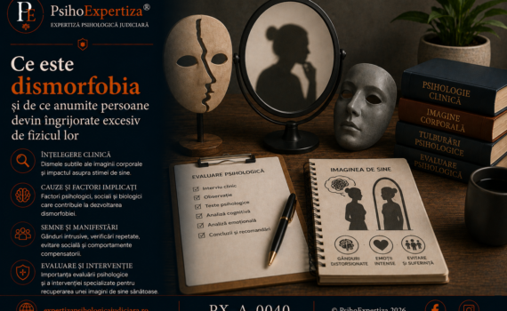 Imagine conceptuală despre dismorfobie (tulburarea dismorfică corporală), ilustrând preocuparea excesivă față de aspectul fizic, distorsiunile imaginii corporale și rolul evaluării și intervenției psihologice specializate.