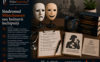 Imagine conceptuală despre Sindromul Münchausen, ilustrând simbolic discrepanța dintre suferința psihologică și simptomele medicale simulate, precum și rolul evaluării psihologice și al intervenției clinice specializate.