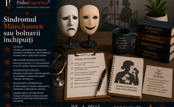 Imagine conceptuală despre Sindromul Münchausen, ilustrând simbolic discrepanța dintre suferința psihologică și simptomele medicale simulate, precum și rolul evaluării psihologice și al intervenției clinice specializate.