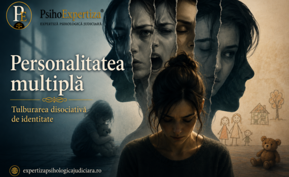 Ilustrație conceptuală reprezentând tulburarea disociativă de identitate, cu o femeie în prim-plan, fragmente simbolice ale identității și elemente vizuale care sugerează impactul traumelor din copilărie.