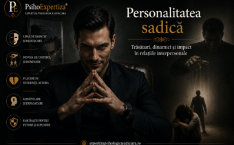 Ilustrație conceptuală reprezentând personalitatea sadică, cu un personaj masculin și elemente simbolice care sugerează manipularea, nevoia de control, lipsa empatiei și impactul acestui tip de personalitate asupra relațiilor interpersonale.
