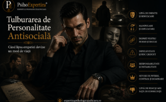 Ilustrație conceptuală reprezentând tulburarea de personalitate antisocială, cu un personaj masculin și elemente simbolice care sugerează lipsa empatiei, manipularea, încălcarea normelor sociale, impulsivitatea și nevoia de control asupra celorlalți.