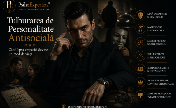 Ilustrație conceptuală reprezentând tulburarea de personalitate antisocială, cu un personaj masculin și elemente simbolice care sugerează lipsa empatiei, manipularea, încălcarea normelor sociale, impulsivitatea și nevoia de control asupra celorlalți.