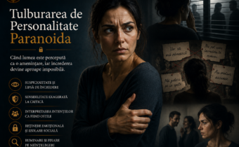 Ilustrație conceptuală reprezentând tulburarea de personalitate paranoidă, cu o femeie aflată într-o stare de vigilență și suspiciozitate, alături de elemente simbolice care sugerează lipsa încrederii, interpretarea ostilă a intențiilor celorlalți și izolarea interpersonală.