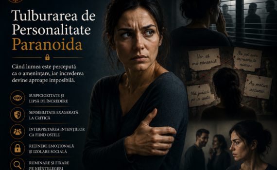 Ilustrație conceptuală reprezentând tulburarea de personalitate paranoidă, cu o femeie aflată într-o stare de vigilență și suspiciozitate, alături de elemente simbolice care sugerează lipsa încrederii, interpretarea ostilă a intențiilor celorlalți și izolarea interpersonală.