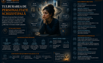 Ilustrație despre tulburarea de personalitate schizotipală, reprezentând ideile de referință, gândirea magică, experiențele perceptive neobișnuite, anxietatea socială și dificultățile relaționale.