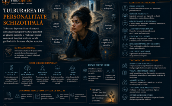 Ilustrație despre tulburarea de personalitate schizotipală, reprezentând ideile de referință, gândirea magică, experiențele perceptive neobișnuite, anxietatea socială și dificultățile relaționale.