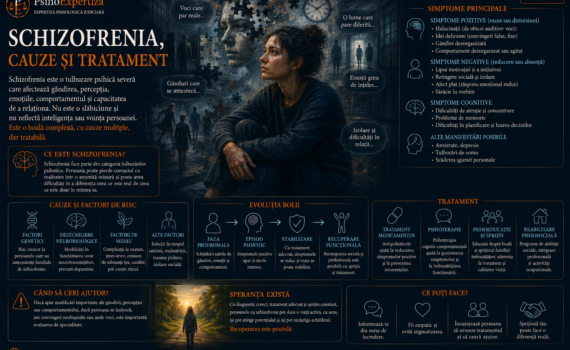 Ilustrație psihoeducațională despre schizofrenie, prezentând simptomele psihotice, simptomele negative și cognitive, factorii de risc, impactul asupra funcționării și principalele modalități de tratament și recuperare.