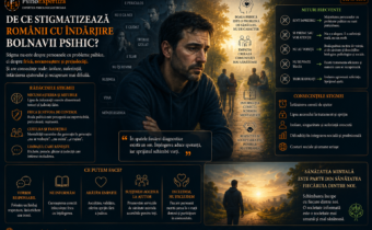 Ilustrație despre stigmatizarea persoanelor cu probleme de sănătate mintală, reprezentând contrastul dintre prejudecată și excluziune, pe de o parte, și informare, empatie, acceptare și sprijin social, pe de altă parte.