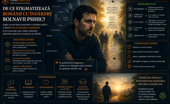 Ilustrație despre stigmatizarea persoanelor cu probleme de sănătate mintală, reprezentând contrastul dintre prejudecată și excluziune, pe de o parte, și informare, empatie, acceptare și sprijin social, pe de altă parte.