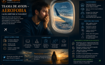Ilustrație despre aerofobie și teama de avion, reprezentând anxietatea din timpul zborului, gândurile catastrofice, simptomele fizice și posibilitățile de tratament psihologic.