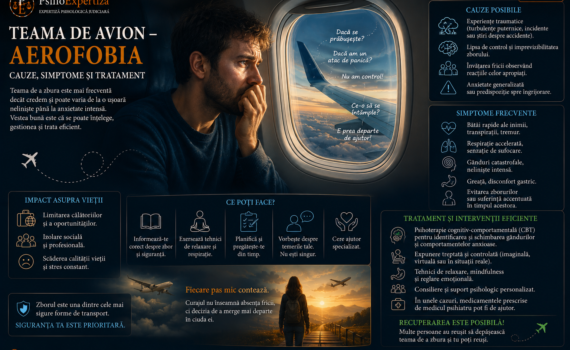 Ilustrație despre aerofobie și teama de avion, reprezentând anxietatea din timpul zborului, gândurile catastrofice, simptomele fizice și posibilitățile de tratament psihologic.