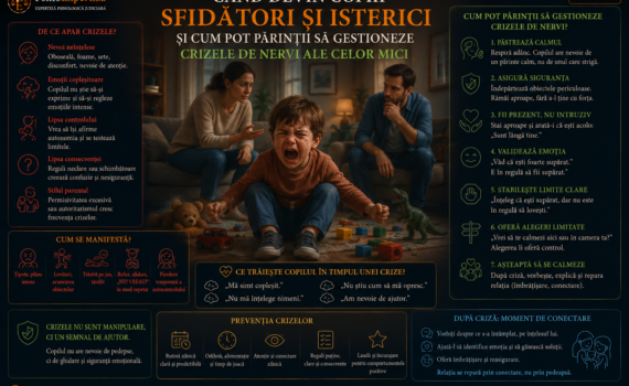 Ilustrație despre crizele de furie la copii, prezentând cauzele posibile, dificultățile de reglare emoțională și modalitățile prin care părinții pot răspunde calm, empatic și consecvent.