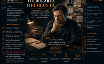 Ilustrație despre tulburarea delirantă, reprezentând un bărbat preocupat de convingeri persistente de persecuție și suspiciune, alături de principalele tipuri de idei delirante și semnele care necesită evaluare de specialitate.