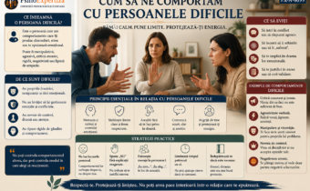 Ilustrație despre gestionarea relațiilor cu persoanele dificile, prezentând comunicarea asertivă, stabilirea limitelor, păstrarea calmului și protejarea echilibrului emoțional în situații conflictuale.