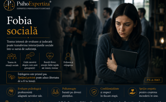 Ilustrație simbolică reprezentând fobia socială, caracterizată prin teama intensă de evaluare negativă, anxietate în situațiile sociale și tendința de evitare a interacțiunilor cu ceilalți.