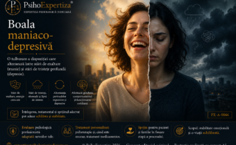 Ilustrație simbolică reprezentând boala maniaco-depresivă (tulburarea bipolară), evidențiind alternanța dintre episoadele de manie și depresie și impactul acestora asupra funcționării psihologice.