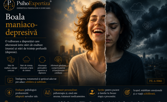Ilustrație simbolică reprezentând boala maniaco-depresivă (tulburarea bipolară), evidențiind alternanța dintre episoadele de manie și depresie și impactul acestora asupra funcționării psihologice.