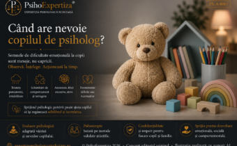 Ilustrație simbolică reprezentând o jucărie de pluș și obiecte specifice copilăriei, sugerând importanța observării semnelor emoționale și a evaluării psihologice timpurii a copilului.
