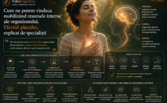Ilustrație despre efectul placebo și legătura dintre creier și organism, reprezentând modul în care așteptările, contextul terapeutic și mecanismele neurobiologice pot influența percepția simptomelor.