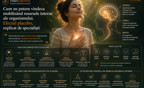Ilustrație despre efectul placebo și legătura dintre creier și organism, reprezentând modul în care așteptările, contextul terapeutic și mecanismele neurobiologice pot influența percepția simptomelor.