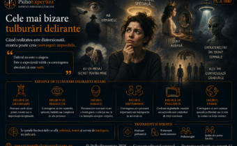 Ilustrație simbolică despre ideile delirante, reprezentând convingeri de persecuție, grandoare, influență, erotomanice, somatice și teme fantastice sau imposibile.