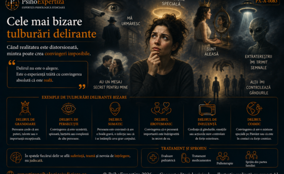 Ilustrație simbolică despre ideile delirante, reprezentând convingeri de persecuție, grandoare, influență, erotomanice, somatice și teme fantastice sau imposibile.