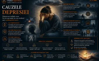 Ilustrație despre cauzele depresiei, prezentând interacțiunea dintre factorii biologici, psihologici, familiali, sociali, comportamentali și evenimentele dificile de viață.