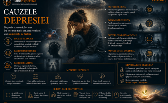 Ilustrație despre cauzele depresiei, prezentând interacțiunea dintre factorii biologici, psihologici, familiali, sociali, comportamentali și evenimentele dificile de viață.