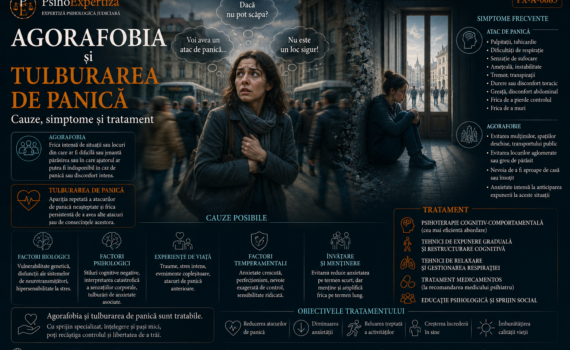 Ilustrație despre agorafobie și tulburarea de panică, reprezentând teama de situații din care evadarea sau accesul la ajutor sunt percepute ca dificile, atacurile de panică și comportamentele de evitare.
