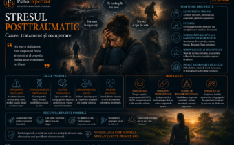 Ilustrație despre tulburarea de stres posttraumatic, reprezentând reexperimentarea traumei, evitarea, hipervigilența, modificările emoționale și procesul de recuperare psihologică.