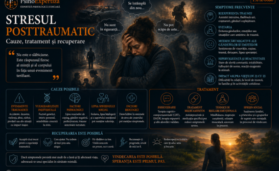 Ilustrație despre tulburarea de stres posttraumatic, reprezentând reexperimentarea traumei, evitarea, hipervigilența, modificările emoționale și procesul de recuperare psihologică.