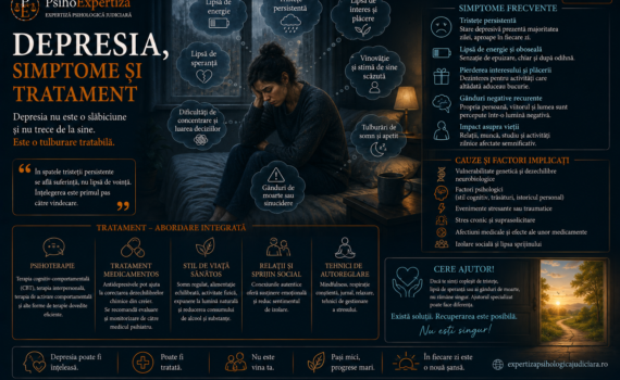 Ilustrație despre depresie, prezentând simptome precum tristețea persistentă, pierderea interesului și plăcerii, lipsa energiei, dificultățile de concentrare, tulburările de somn și sentimentul lipsei de speranță.