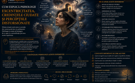 Ilustrație simbolică despre excentricitate, credințe neobișnuite și experiențe perceptive atipice, reprezentând modul complex în care oamenii interpretează realitatea și dau sens propriilor experiențe.