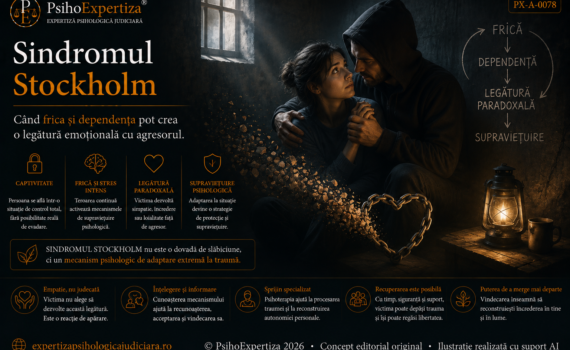 Ilustrație simbolică despre Sindromul Stockholm, reprezentând relația paradoxală care se poate forma între victimă și agresor în condiții de captivitate, frică, dependență și control.