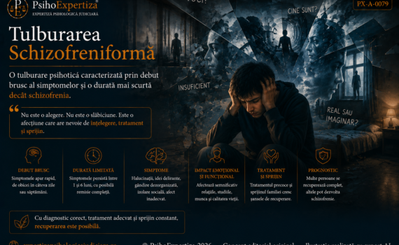 Ilustrație simbolică despre tulburarea schizofreniformă, reprezentând alterarea percepției realității, halucinațiile, ideile delirante și dezorganizarea gândirii asociate unui episod psihotic.