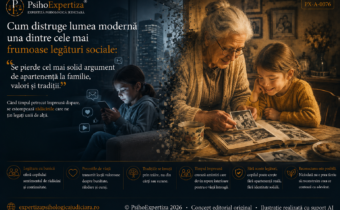 Ilustrație simbolică despre relația dintre bunici și nepoți, contrastând apropierea construită prin povești, tradiții și timp petrecut împreună cu distanțarea dintre generații în lumea digitală.