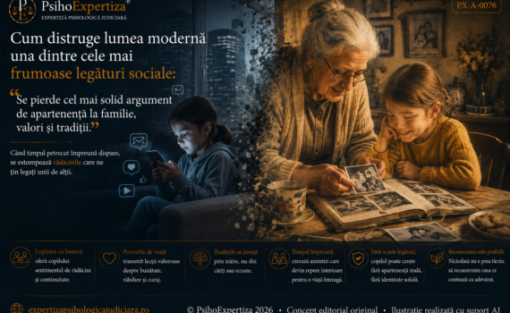 Ilustrație simbolică despre relația dintre bunici și nepoți, contrastând apropierea construită prin povești, tradiții și timp petrecut împreună cu distanțarea dintre generații în lumea digitală.