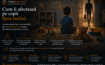 Ilustrație simbolică despre absența tatălui din viața copilului, reprezentată prin jucării, spațiul familial și figura paternă care se îndepărtează, sugerând impactul posibil asupra siguranței emoționale și dezvoltării copilului.