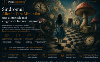 Ilustrație simbolică despre Sindromul Alice în Țara Minunilor, reprezentând distorsiuni ale percepției dimensiunii, distanței, timpului și propriului corp.