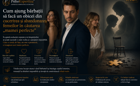 Ilustrație simbolică despre tiparul repetitiv de cucerire și abandon în relațiile de cuplu, asociat idealizării partenerei, experiențelor afective timpurii și căutării unei relații perfecte.