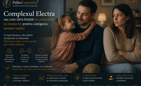 Ilustrație simbolică despre Complexul Electra, concept psihanalitic referitor la relația afectivă a fetiței cu tatăl și posibila rivalitate resimțită față de mamă în anumite etape ale dezvoltării.